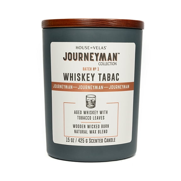 House of Velas, Journeyman Collection, Whiskey Tabac Scented Candle, 15oz, Wooden Wick