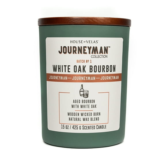 House of Velas, Journeyman Collection, White Oak Bourbon Scented Candle, 15oz, Wooden Wick