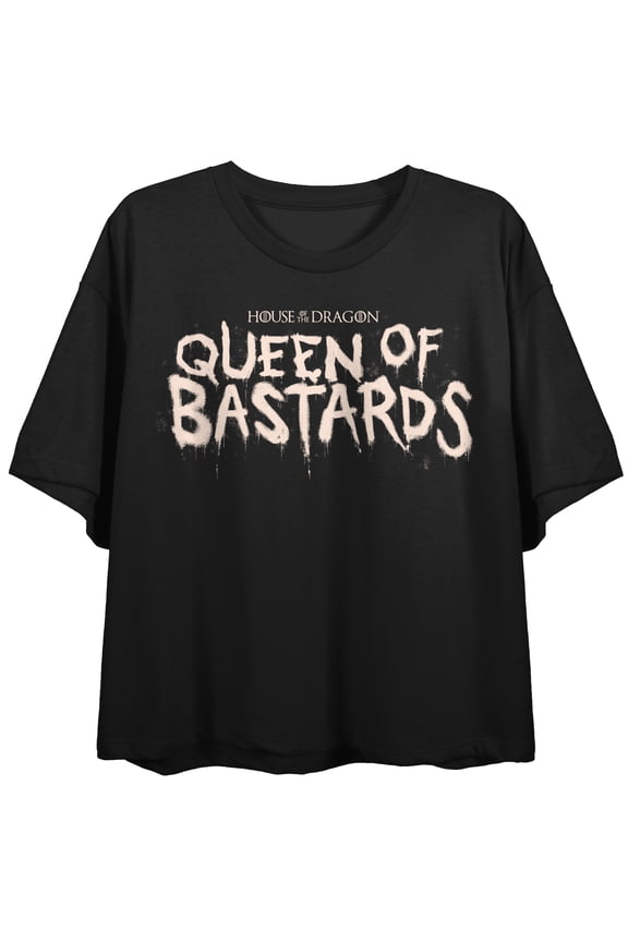 House of the Dragon Queen of Bastards Women's Crop Tee Distressed Screen-Print Graphic Officially Licensed Juniors Short Sleeve T-Shirt-Medium