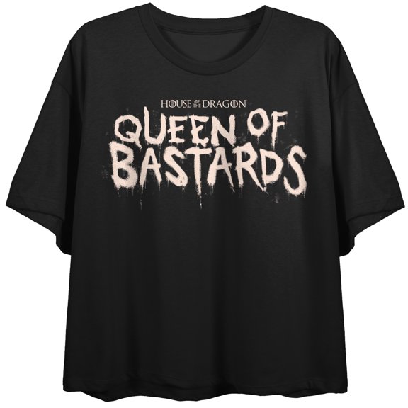 House of the Dragon Queen of Bastards Women's Crop Tee Distressed Screen-Print Graphic Officially Licensed Juniors Short Sleeve T-Shirt-XS