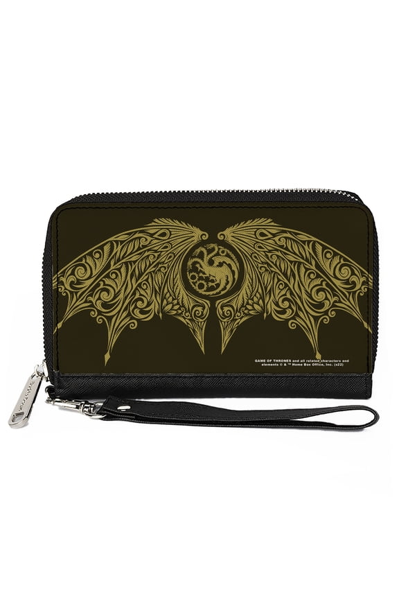 House of the Dragon Wallet, Zip Around, House of the Dragon Icon and Wings Black Yellow, Vegan Leather