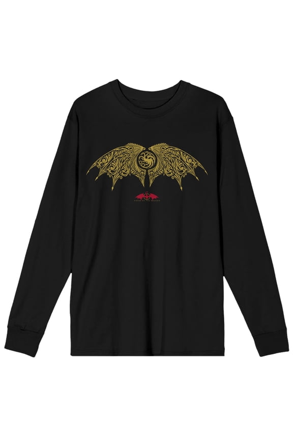 House of the Dragon Wings Title Logo Mens Black Long Sleeve Tee-3XL