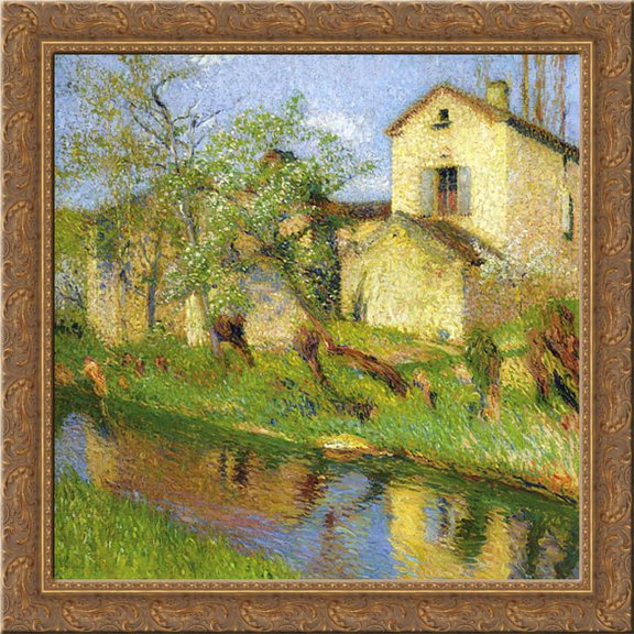 House on Stream 20x20 Gold Ornate Wood Framed Canvas Art by Martin, Henri