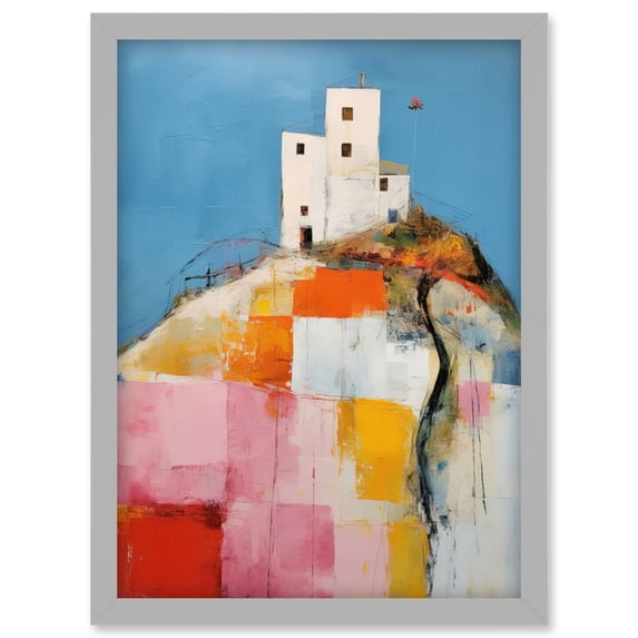 House on the Hill Oil Painting Abstract Geometric Patchwork Palette Knife Pastel Colour Rural Landscape Artwork Framed Wall Art Print A4