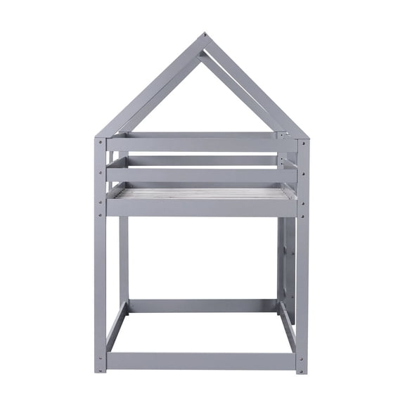 House-shaped Twin Over Bunk Bed, Grey, Crafted With Quality Rubber Wood And Reliable & Guardrails Grey Alluring Feature