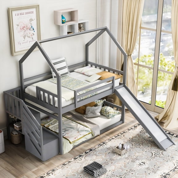 Twin Size Solid Pine Wood High-Rise Bed Frame with Convertible Slide and Storage, Gray for Bedroom