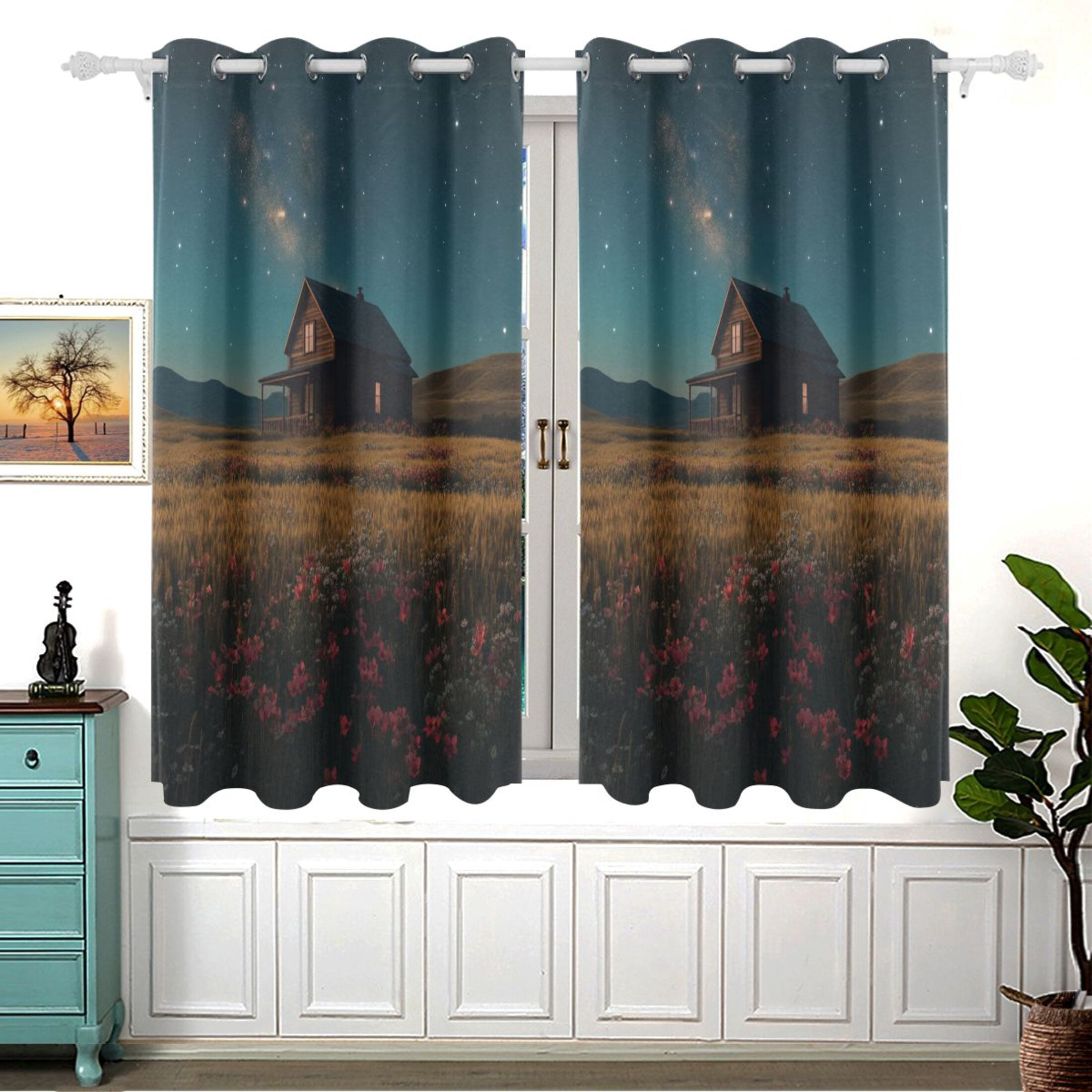 House under Starry Sky Blackout Curtains for Living Room Bedroom 55W x 54L Insulated Window Drapes 2 Panels