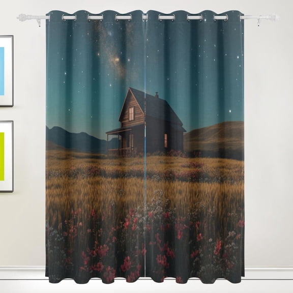 House under Starry Sky Blackout Curtains for Living Room Bedroom 55W x 72/84L Insulated Window Drapes 2 Panels