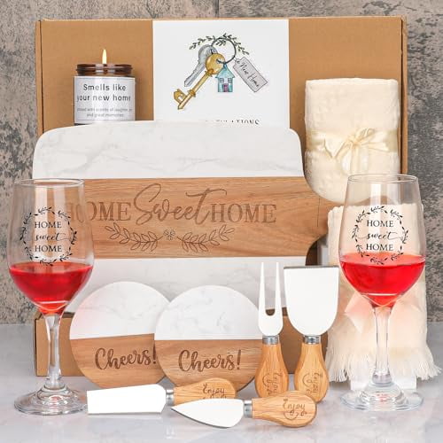 House wARMING gIFTS nEW hOME  mARBLE & aCACIA wOOD cHEESE bOARD, 4 cHEESE kNIVES, cANDLE, 2 wINE gLASSES, 2 cOASTERS, gREETING cARD  hOME sWEET hOME gIFT FOR cOUPLES, fRIENDS, nEW hOMEOWNERS