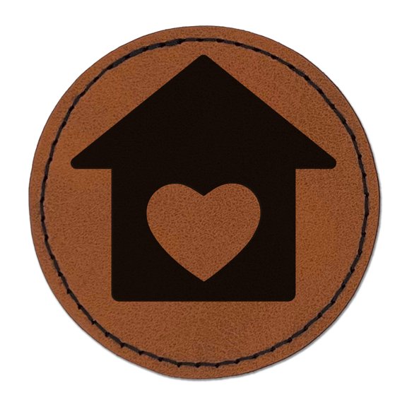 House with Heart 2.5" Faux Leather Round Engraved Iron-On Patch - Brown