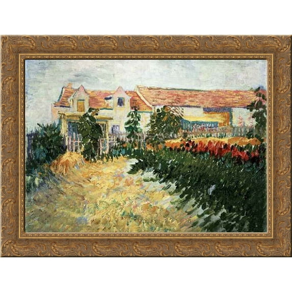 House with sunflowers 24x18 Gold Ornate Wood Framed Canvas Art by Vincent van Gogh