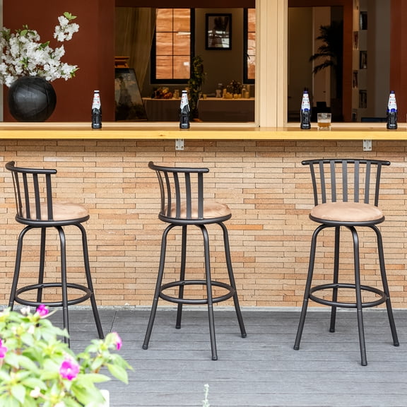 HouseInBox 29" Crown Back Swivel Bar Stools Set of 3, Suede Padded Seat with Round Footrest