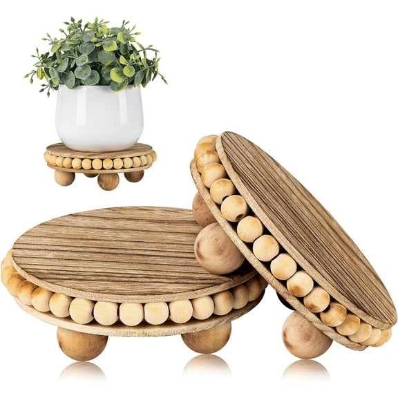 2Pcs Wood Risers for Display Decorative,Round Beaded Riser Distressed for Decor ,Wooden Farmhouse Coasters Mini Cake Stand Plant Stand,Rustic Pedestal Stand Decor Display Risers for Tiered