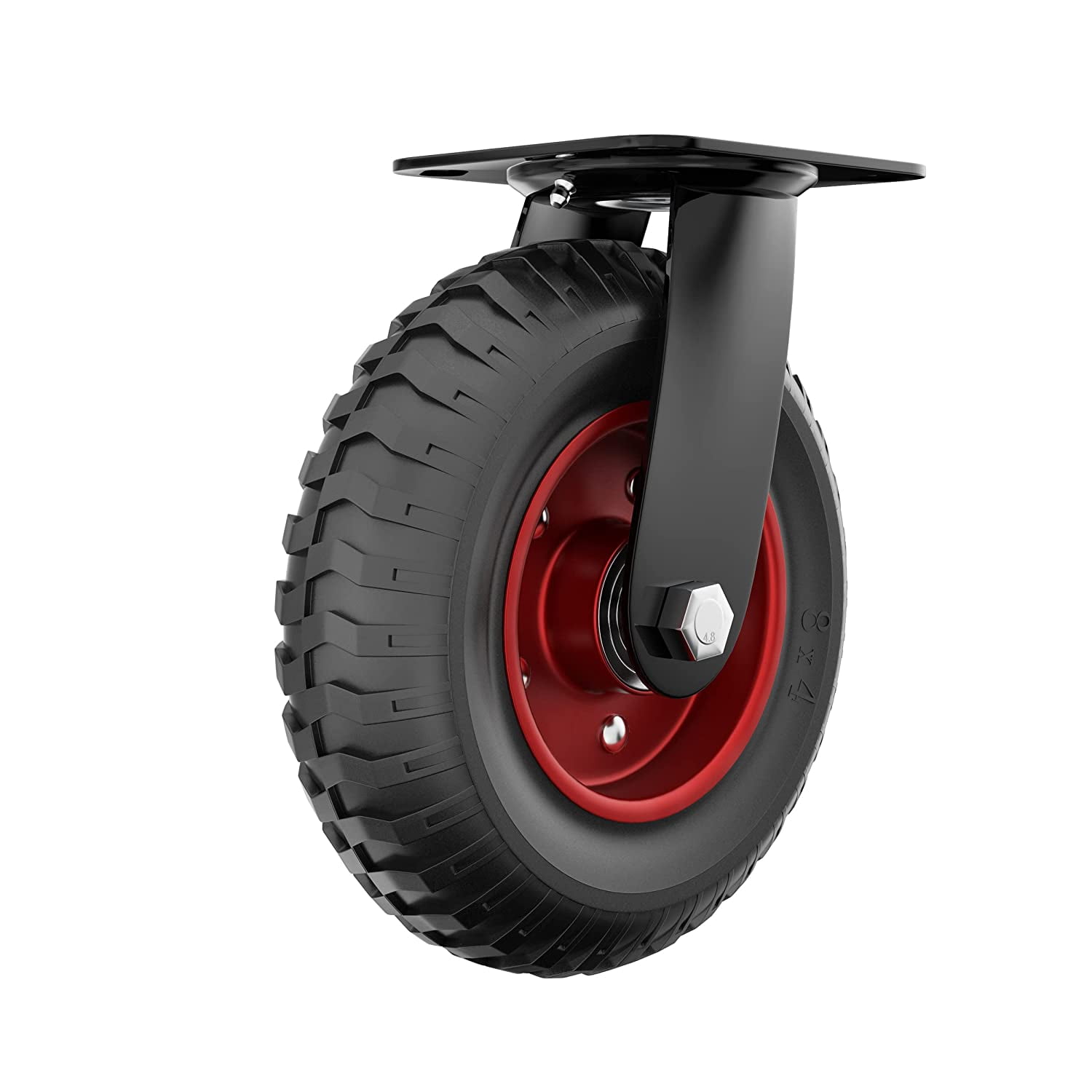 Houseables Swivel Heavy Duty Caster Wheel, Industrial Casters, 8 Inch, 1 Wheel, Red Rim, Rubber, Cast Iron, Large, Tires, Outdoor, Flat Free for Carts, Dolly, Workbench, Trolley, Black