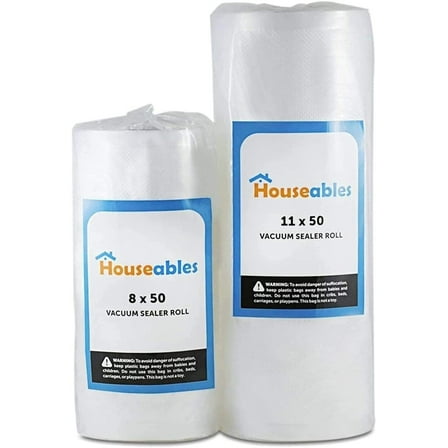 Houseables Vacuum Sealer Rolls w/ Cross-Vented Channels, On a Roll, 8"x50"x0.1", Clear, 2 Count