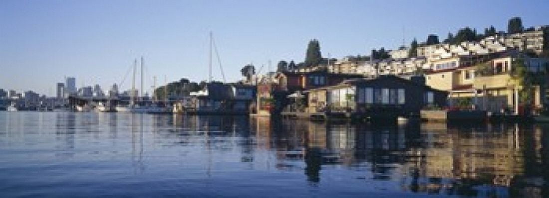 Houseboats in a lake Lake Union Seattle King County Washington State USA Canvas Art - Panoramic Images (18 x 7)