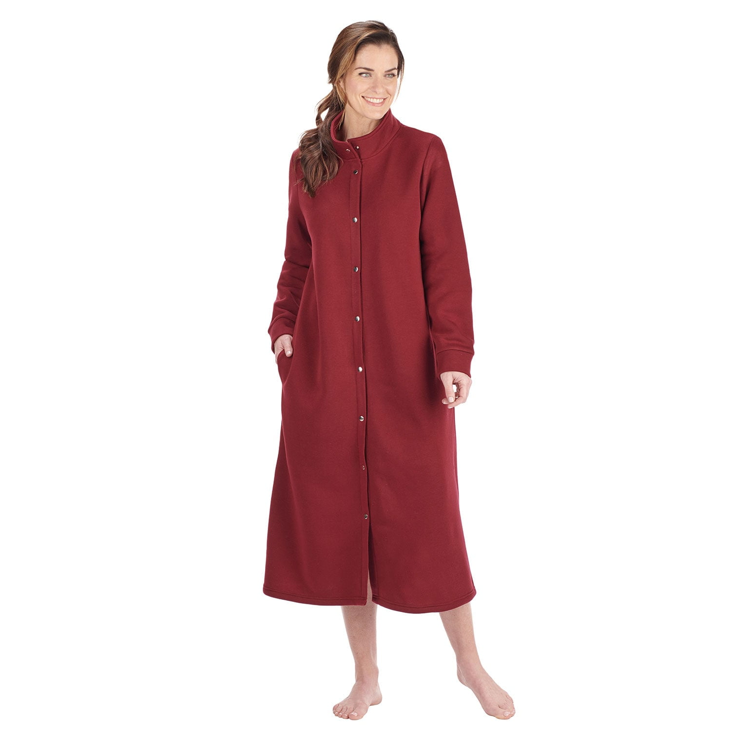 Housecoats for Women Snap Front Fleece Long Sleeve Nightgown by CATALOG CLASSICS Raspberry