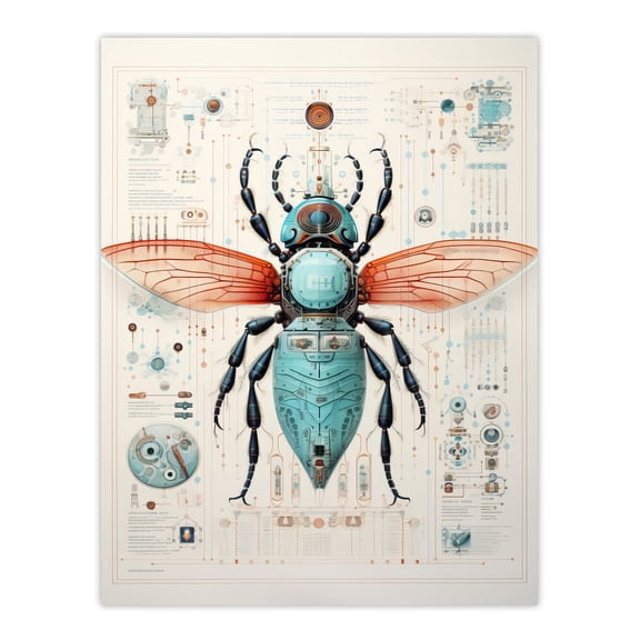 Housefly Bluebottle Robot Hybrid Schematic Blueprint Futuristic Secret Complex Arcane Manuscript Gift For Him Man Cave Unframed Wall Art Print Poster Home Decor Premium