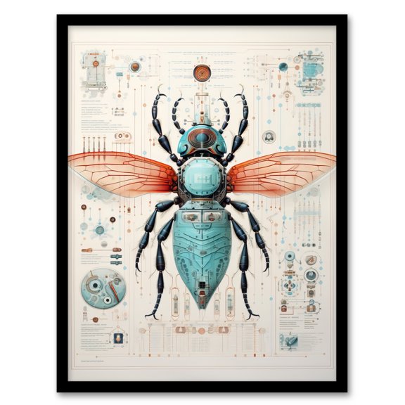 Housefly Bluebottle Robot Hybrid Schematic Blueprint Futuristic Secret Complex Arcane Manuscript Gift For Him Man Cave Artwork Framed Wall Art Print A4