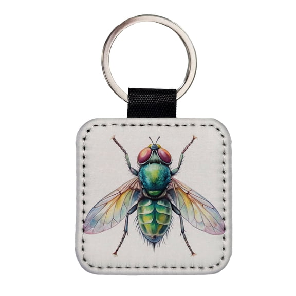 Housefly Fly Watercolor Faux Leather Square Keychain