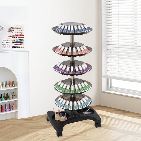 Household 5 Tiers Nail Polish Rotating Trolley Display Rack, Cosmetic Display Organizer Lipstick Shelf, Oil Organizer Rack, Nail Polish Racks Stand with Wheels for Pedicure Spa Nail Salon Black
