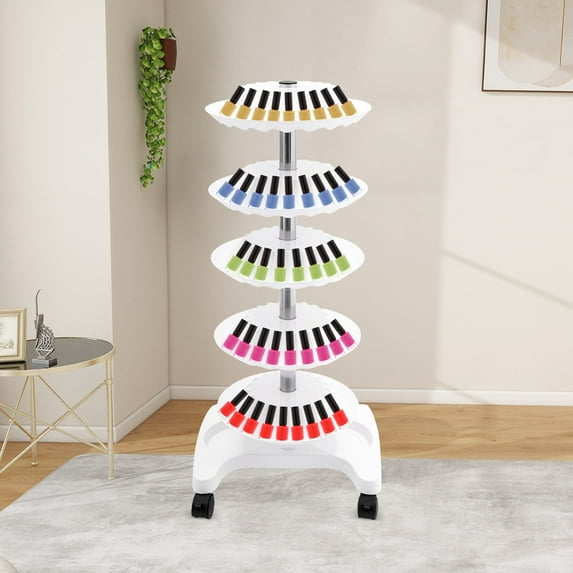 Household 5 Tiers Nail Polish Rotating Trolley Display Rack, Cosmetic Display Organizer Lipstick Shelf, Oil Organizer Rack, Nail Polish Racks Stand with Wheels for Pedicure Spa Nail Salon White