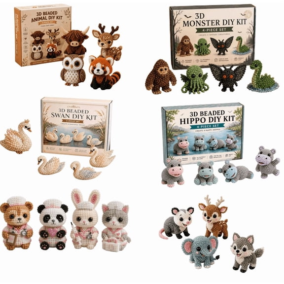 Household Animal Beading DIY Pack, 3D Figure Bead Craft Set, Easy Step Guide for Personal Handmade Art Design Work Hippo