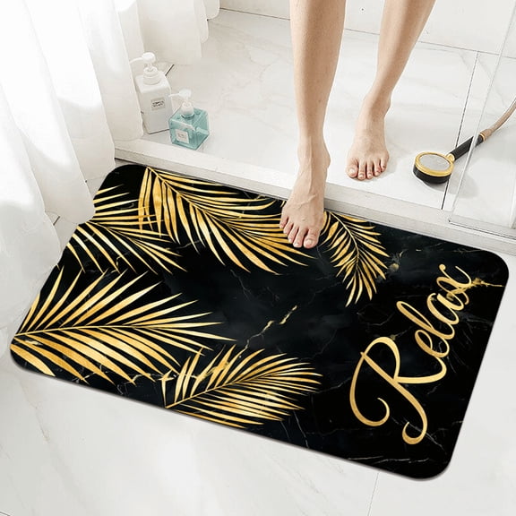 Household Black and Gold Tropical Palm Tree Leaves Floor Mats Bathroom Water-Absorbing Diatom Mud Floor Mat Non-Slip Floor Mat