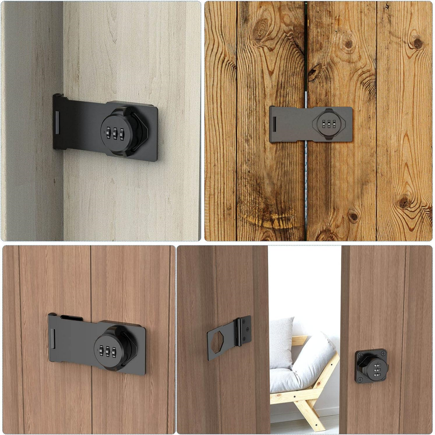 Household Cabinet Password Hasp Locks, Cabinet Locks with Combination, Door Security Slide Latch for Small Barn Doors, Bathroom, Outdoor, Garden (4 Pack Black)