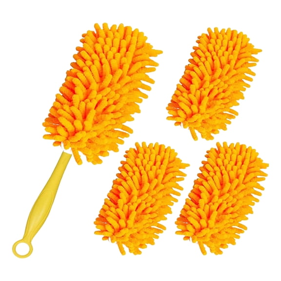 Household Cleaning Brushes, Chenille Feather Duster Set, Desktop Dust Cleaning Brush - 4 Reusable Refills Reinforced Sturdy Interface, Foldable Detachable, Microfiber Dirt