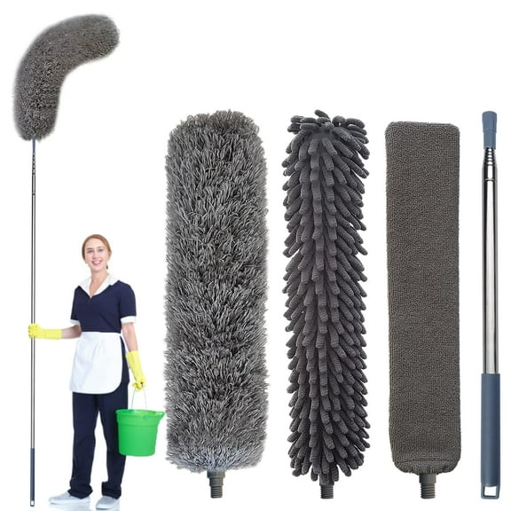 Household Cleaning Dusters 3 in 1 Kit, Microfiber Duster with Extension Pole 30-110 inch, Retractable Gap Dust Brush Cleaner Feather Duster for Cleaning Furniture, Ceiling Fan, Blinds, & Wall (Gray)