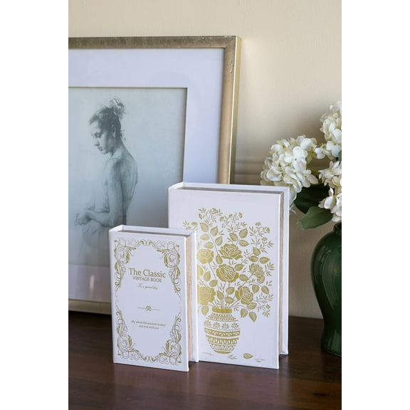Household Decor Items Set of 2 Decorative Book Boxes with White and Gold Floral Motifs and Text, L: 7x3x10.5" S: 5x2x8.3",Bathroom Accessories