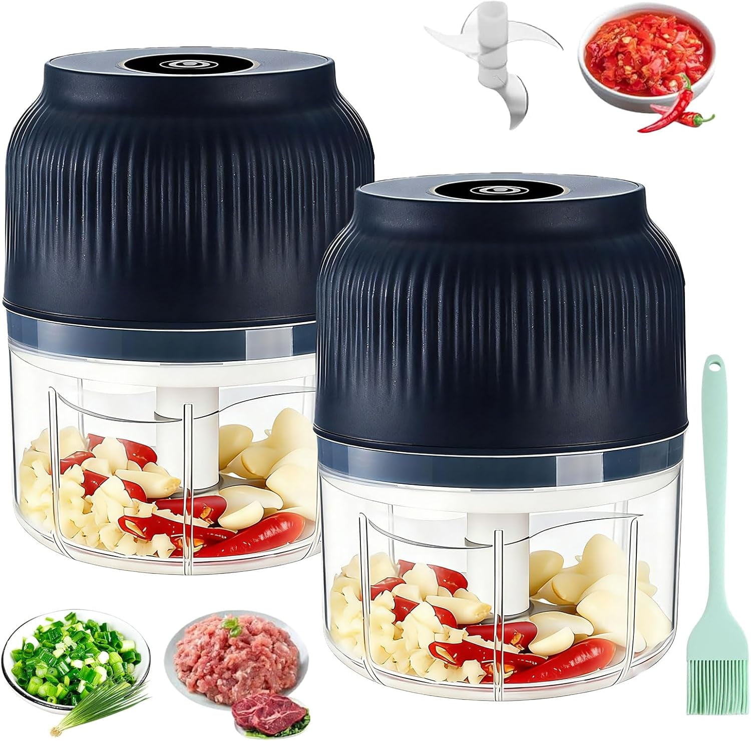 Household Electric Garlic Crusher, 350ML Portable Cordless Electric Garlic Chopper, Rechargeable Food Processor, Vegetable Chopper Blenderfor Ginger Chili Onion Fruit Meat (Blue*2)