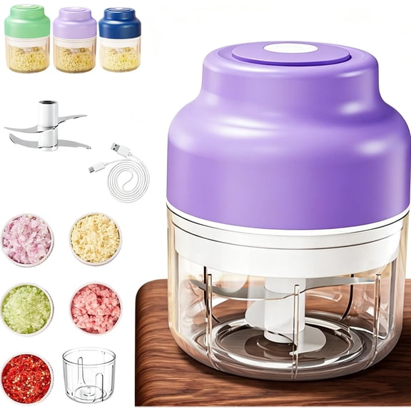 Household Electric Garlic Crusher, Electric Garlic Chopper,Mini Portable Veggie Chopper,USB Rechargeable,Wireless Veggie Grinder,For Mashing Onion,Garlic,Chili,Ginger (Purple, 4-Blade /250ml)