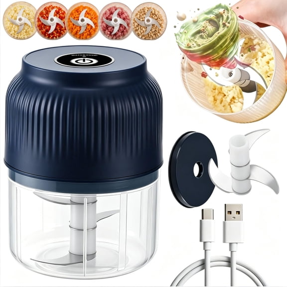 Household Electric Garlic Crusher, Multi-functional Portable Vegetable Cutter Set, Wireless Veggie Grinder, 300ML Rechargeable Small Food Processor for Chili Onion Ginger Celery(Blue - 3Blades)