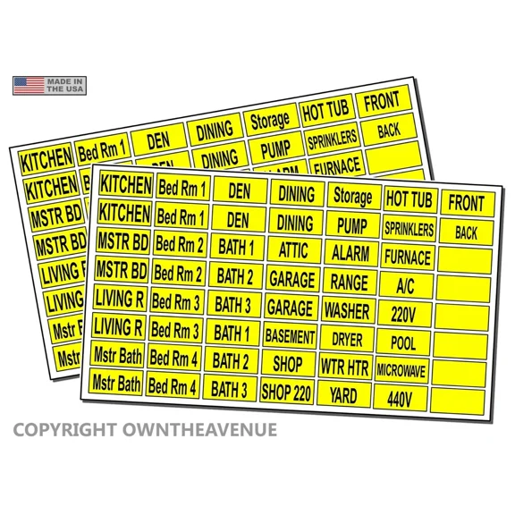 Household Electrical Panel Labels Vinyl Stickers Yellow 112 Pcs