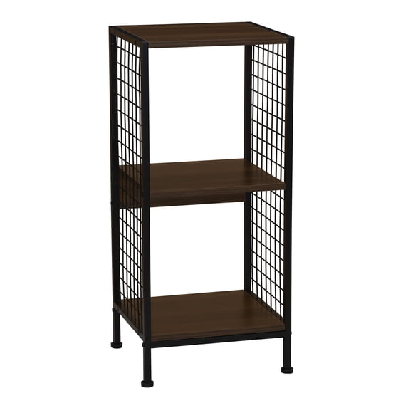 Household Essentials Trellis Open Storage Bookshelf with 2 Cube Compartments Mid Century Walnut Wood Grain and Black Metal