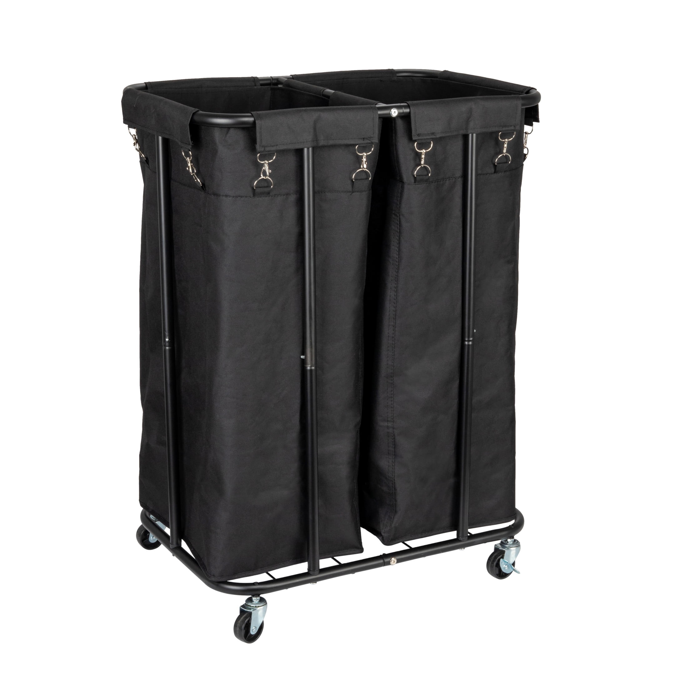 Black Metal 2-Bag Rolling Laundry Sorter with Wheels