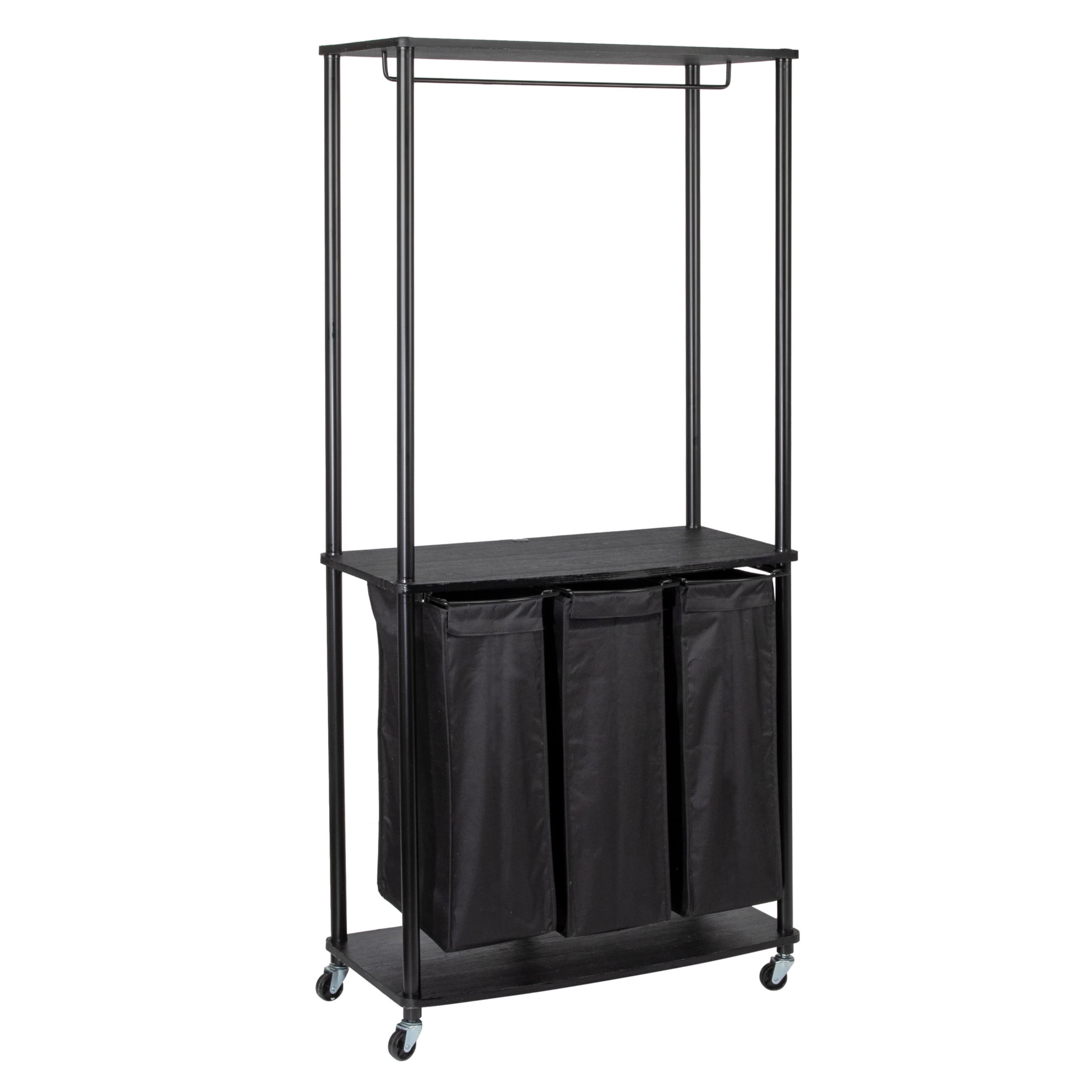 Household Essentials 3 Bag Laundry Center Laminate Shelving Sturdy Steel Frame Hanging Bar Wheeling and Stationary Feet Options Washable Linen