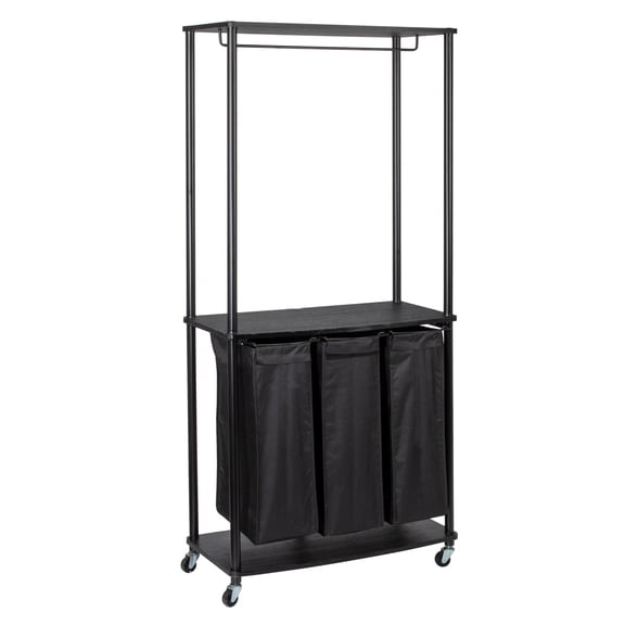 Household Essentials 3-Bag Laundry Center, Smooth Laminate Shelving, Sturdy Steel Frame, Hanging Bar,  Wheeling and Stationary Feet Options, Washable Linen Laundry Bags, Black