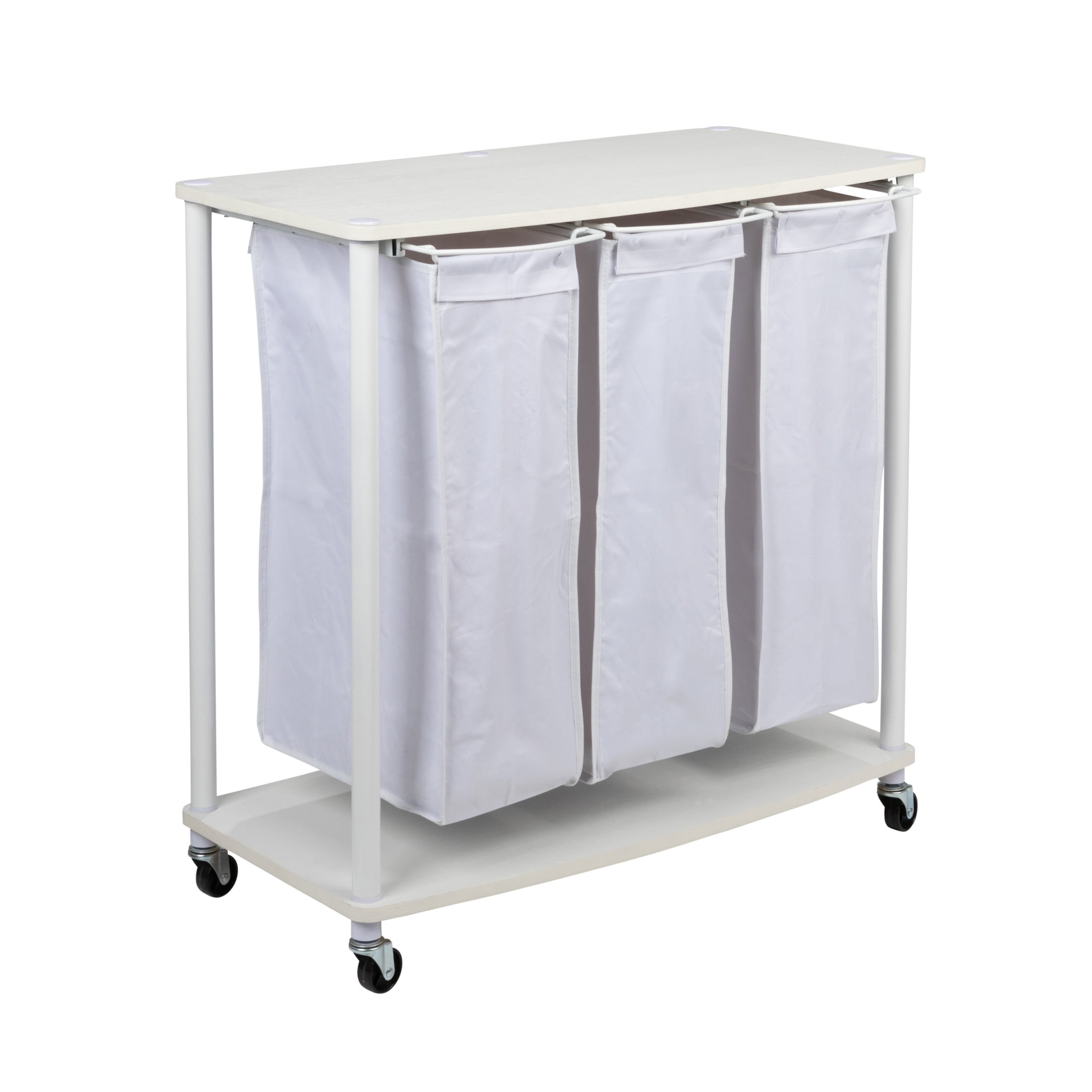 White Steel Frame Collapsible 3-Bag Laundry Sorter with Wheels