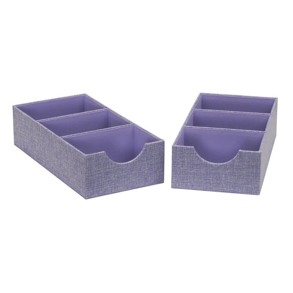Household Essentials 3-Compartment Drawer Organizers, Pack of 2, Sturdy Chipboard Base with Soft Polyester Linen Covering, Fashionable Organization Solution, 3” H x 6” W x 12” D, Iris