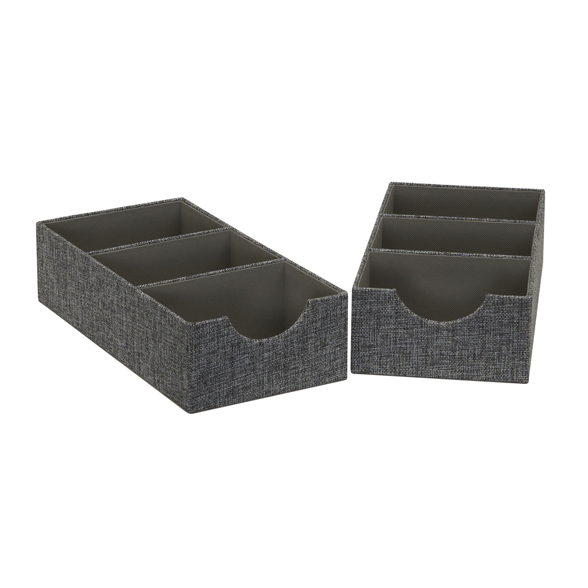 Household Essentials 3-Compartment Drawer Organizers, Pack of 2, Sturdy Chipboard Base with Soft Polyester Linen Covering, Fashionable Organization Solution, 3” H x 6” W x 12” D, Graphite Linen