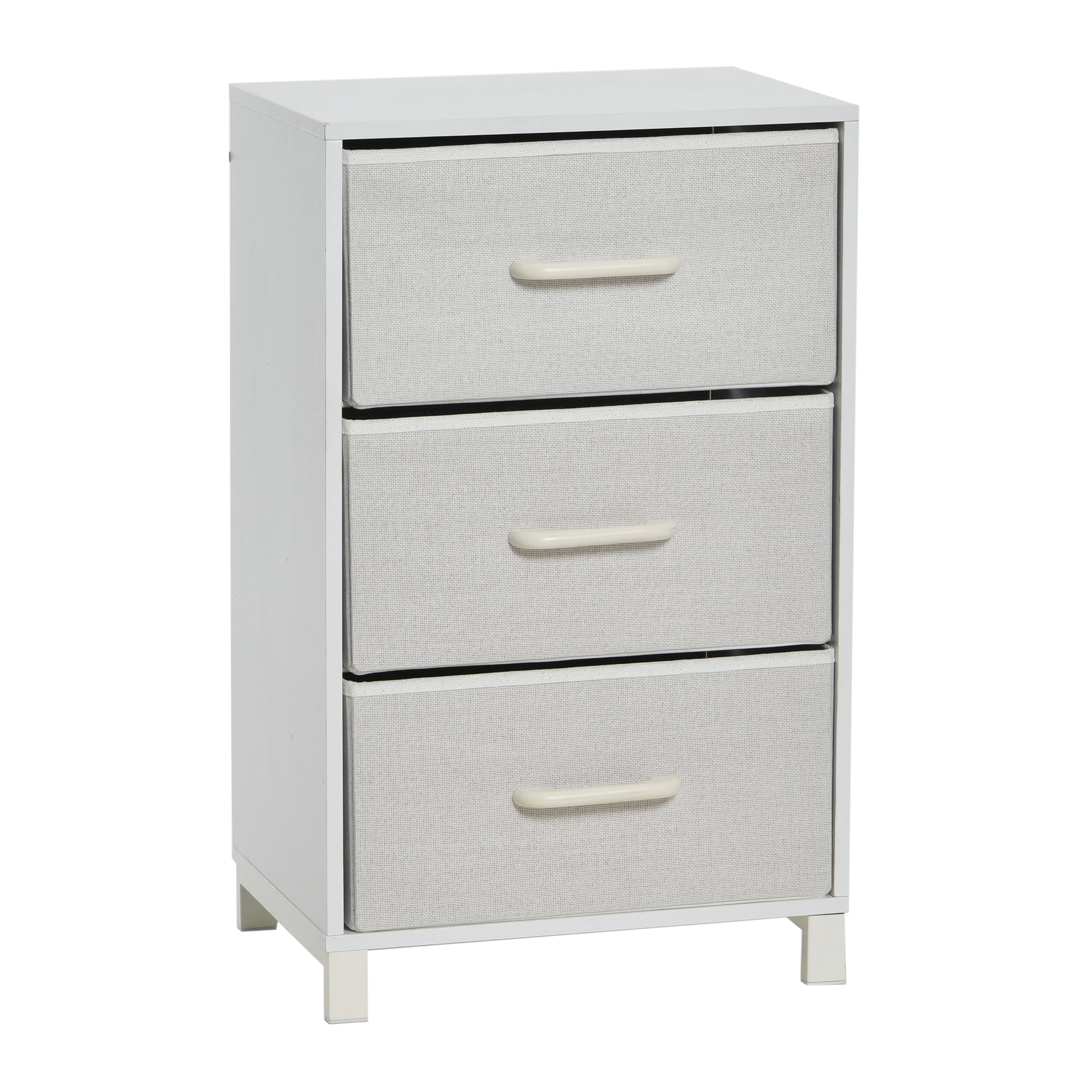 Household Essentials 3 Drawer Dresser, Narrow Storage Chest, Fabric Drawers, Wire Backing and Metal Feet, Plastic Handles, Scandinavian White Laminate