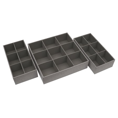 Household Essentials 3 Piece Drawer Organizers Starter Set, Large Tray and 2 Small Trays, Polyester Linen and PP Non-Woven Lining, Strong Chipboard Siding, Versatile, Nestable, Silver
