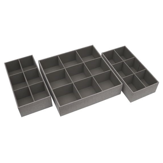 Household Essentials 3 Piece Drawer Organizers Starter Set, Large Tray and 2 Small Trays, Polyester Linen and PP Non-Woven Lining, Strong Chipboard Siding, Versatile, Nestable, Silver