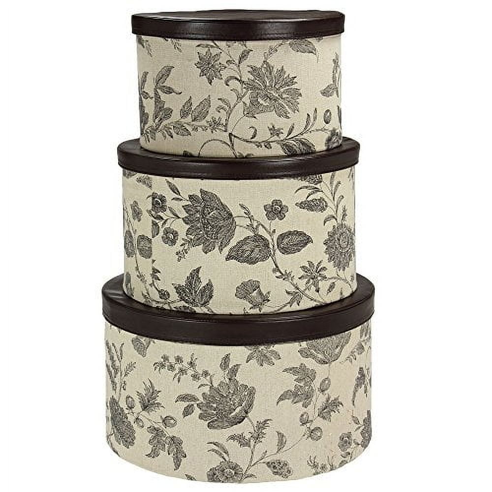 Set of Three Round Black and Tan Faux Leather Floral Storage Boxes