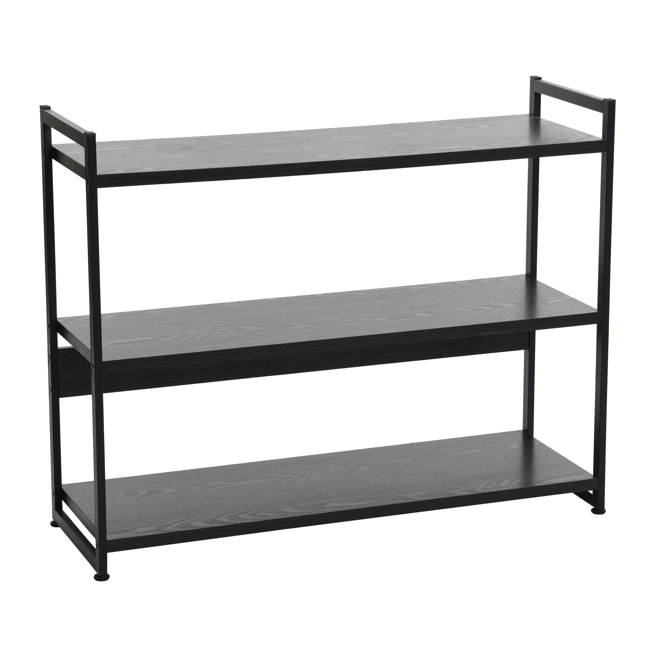 Household Essentials 3 Tier Black Oak Bookshelf, Black Oak Wood and Black Metal, Chic and Industrial Bookshelf