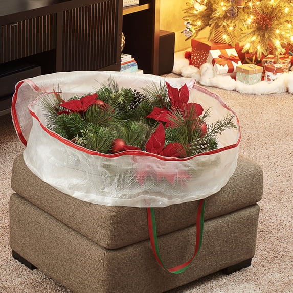 Household Essentials 30" Holiday Wreath Storage Bag, Red and Green