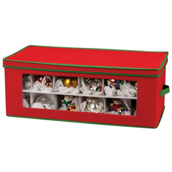 Household Essentials Ornament Storage Box, 36 Piece with Dividers, Sturdy and Stackable with Handles and Clear Plastic Window, Red Polyester Linen with Green Trim 551RED